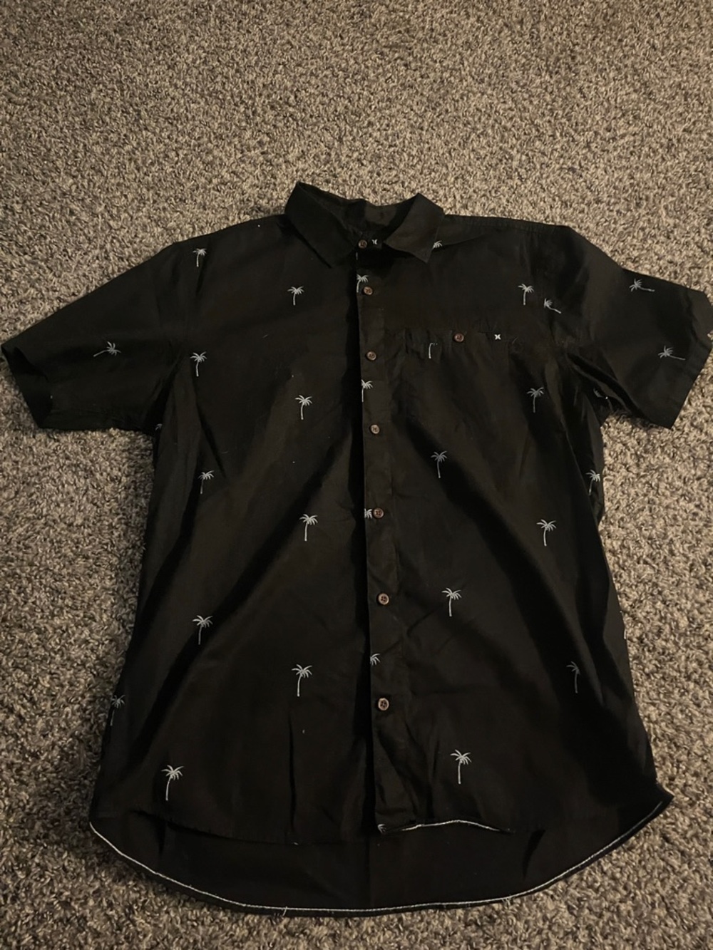 Hurley Black Short-Sleeve Button-Down Shirt with White Palm Embroidery